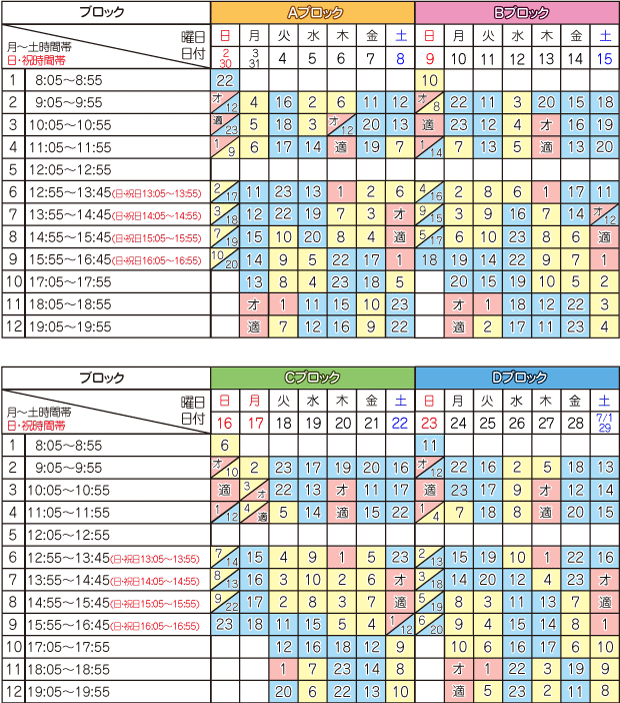 7月学科時限表