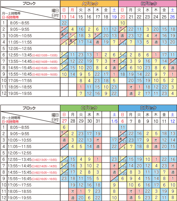 1月学科時限表