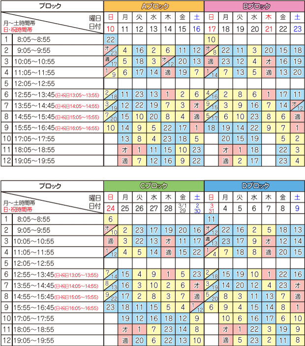 3月学科時限表