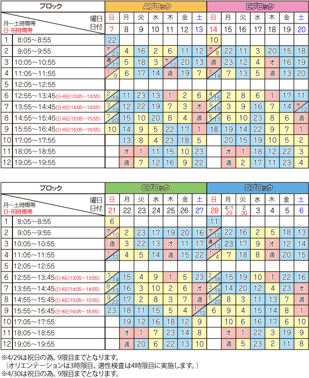 4月学科時限表