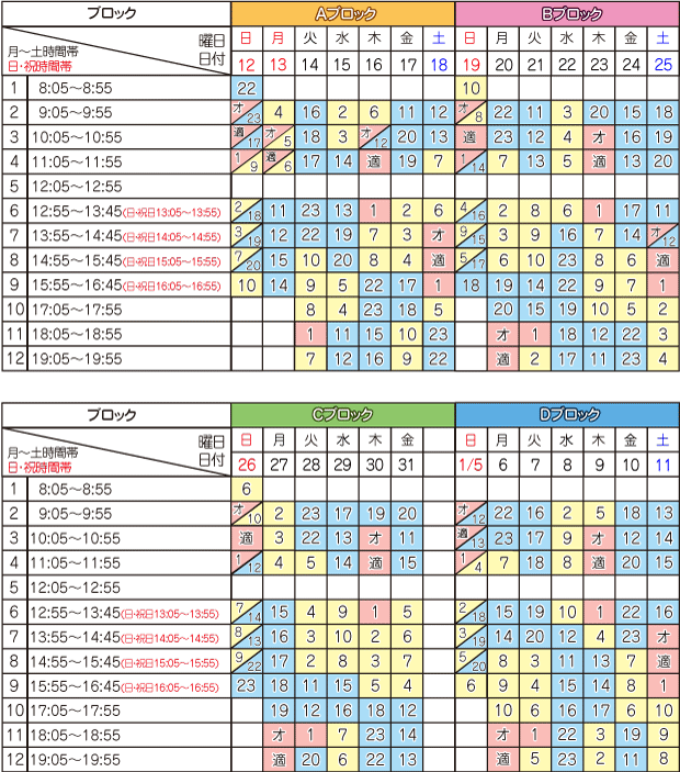 1月学科時限表