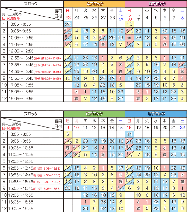 8月学科時限表