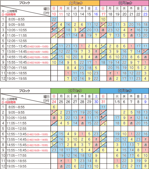 1月学科時限表