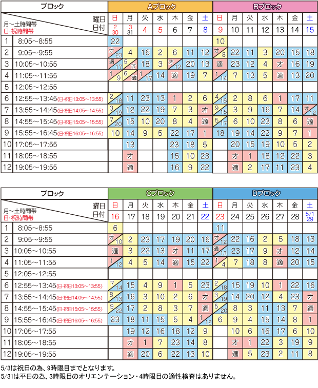 5月学科時限表