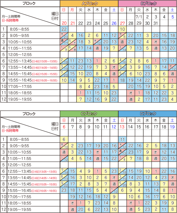7月学科時限表